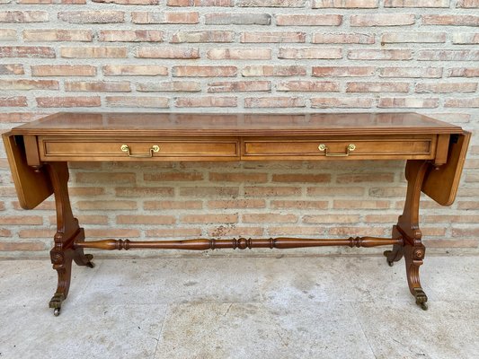 Mid-20th Century Winged Console Table in Walnut with Claw Feet in Bronze with Two Drawers and Wheels-NOU-1160479