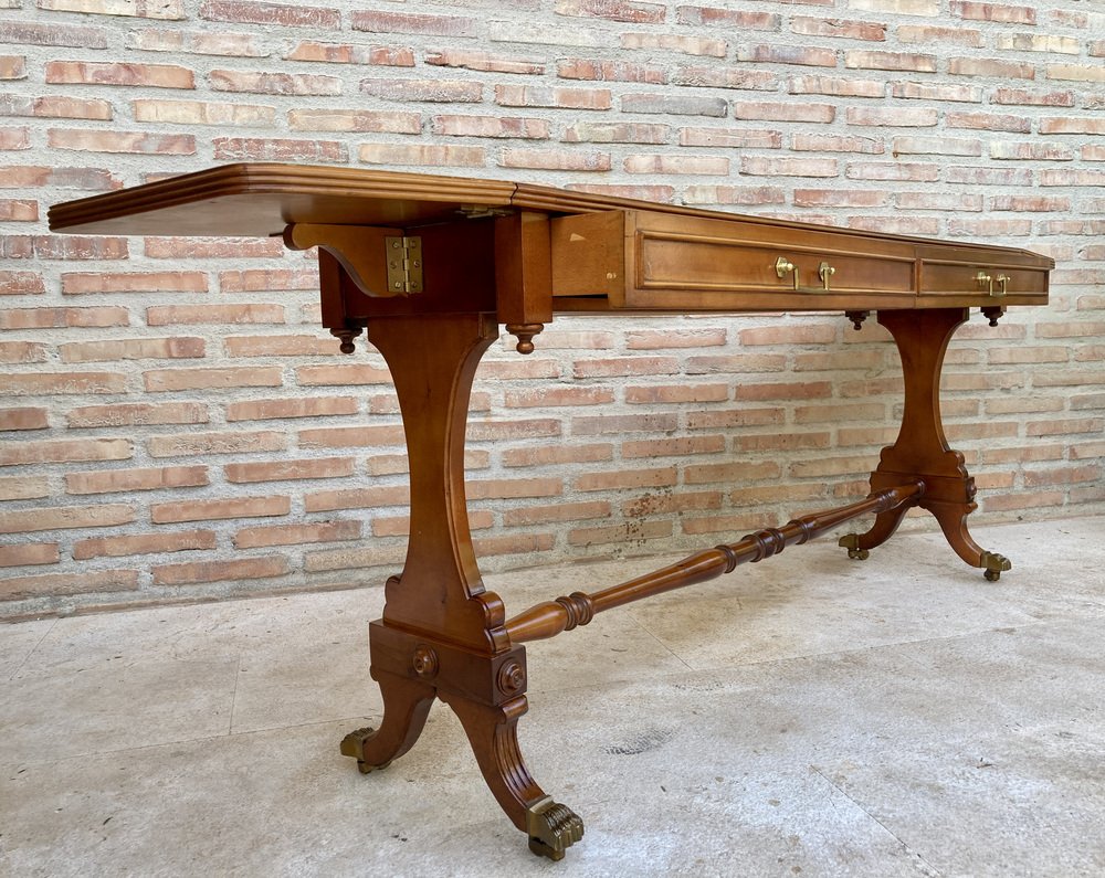 Mid-20th Century Winged Console Table in Walnut with Claw Feet in Bronze with Two Drawers and Wheels