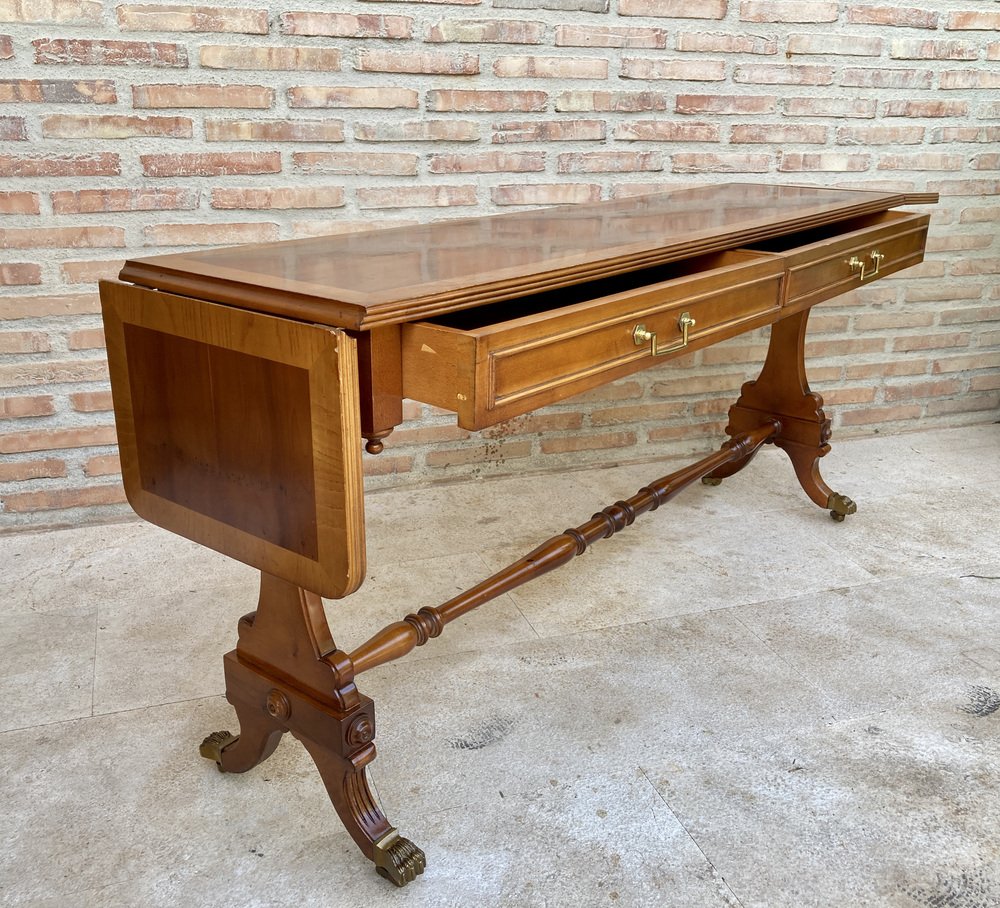 Mid-20th Century Winged Console Table in Walnut with Claw Feet in Bronze with Two Drawers and Wheels