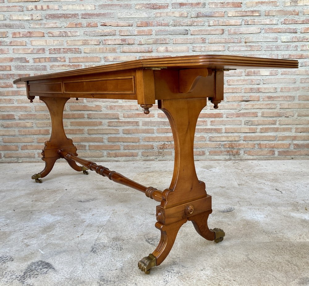 Mid-20th Century Winged Console Table in Walnut with Claw Feet in Bronze with Two Drawers and Wheels