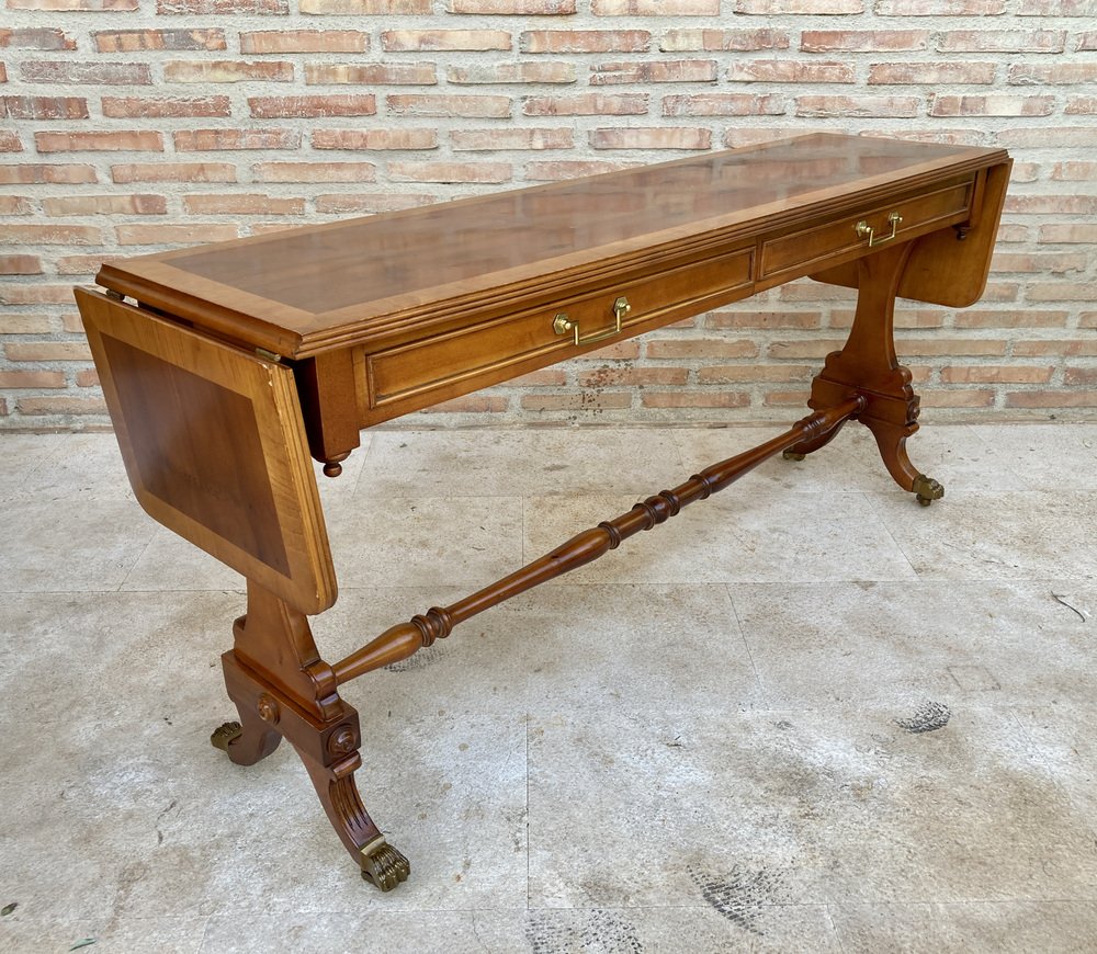 Mid-20th Century Winged Console Table in Walnut with Claw Feet in Bronze with Two Drawers and Wheels