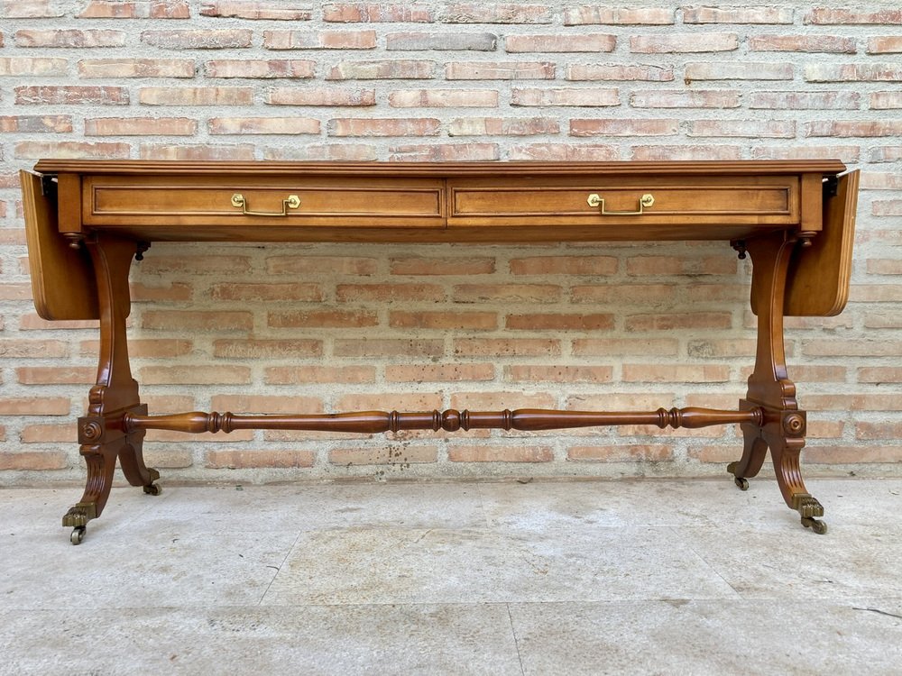 Mid-20th Century Winged Console Table in Walnut with Claw Feet in Bronze with Two Drawers and Wheels