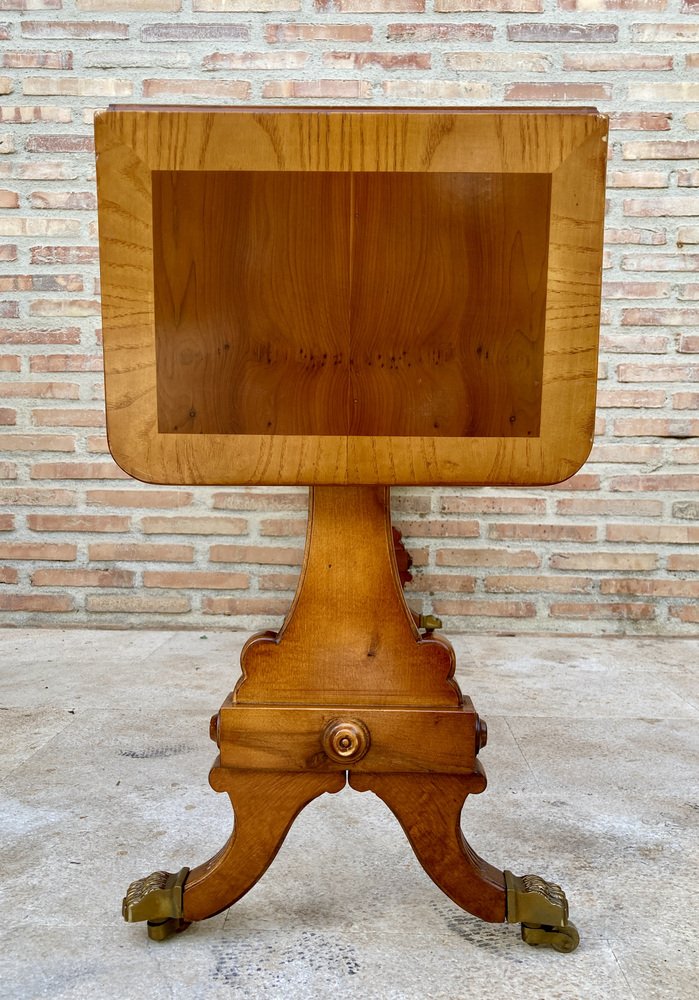 Mid-20th Century Winged Console Table in Walnut with Claw Feet in Bronze with Two Drawers and Wheels