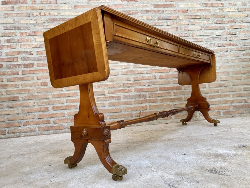 Mid-20th Century Winged Console Table in Walnut with Claw Feet in Bronze with Two Drawers and Wheels