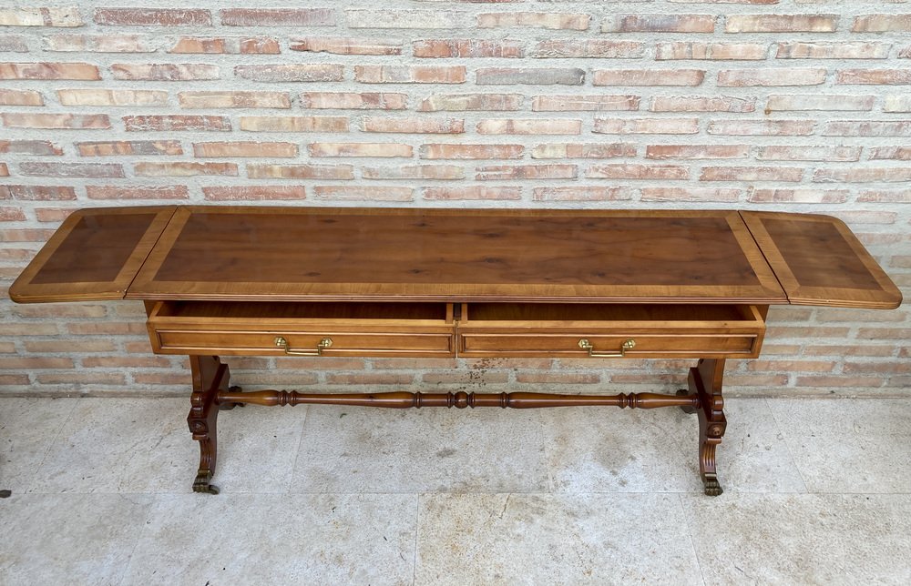 Mid-20th Century Winged Console Table in Walnut with Claw Feet in Bronze with Two Drawers and Wheels