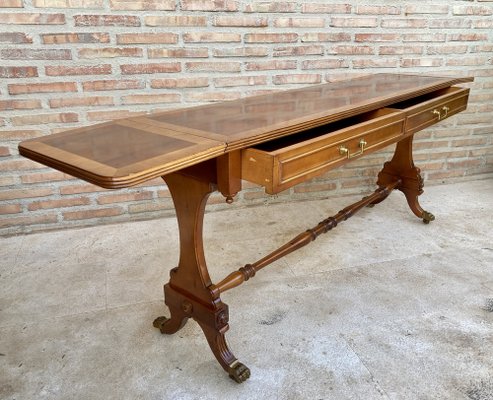 Mid-20th Century Winged Console Table in Walnut with Claw Feet in Bronze with Two Drawers and Wheels-NOU-1160479