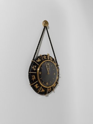 Mid 20th Century Zodiac Wall Clock in Black Metal & Brass, Germany, 1960s-UIW-2018068