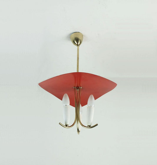 Mid-Century 3-Light Ceiling Light in Brass Metal Plastic in the style of Stilnovo, 1950s