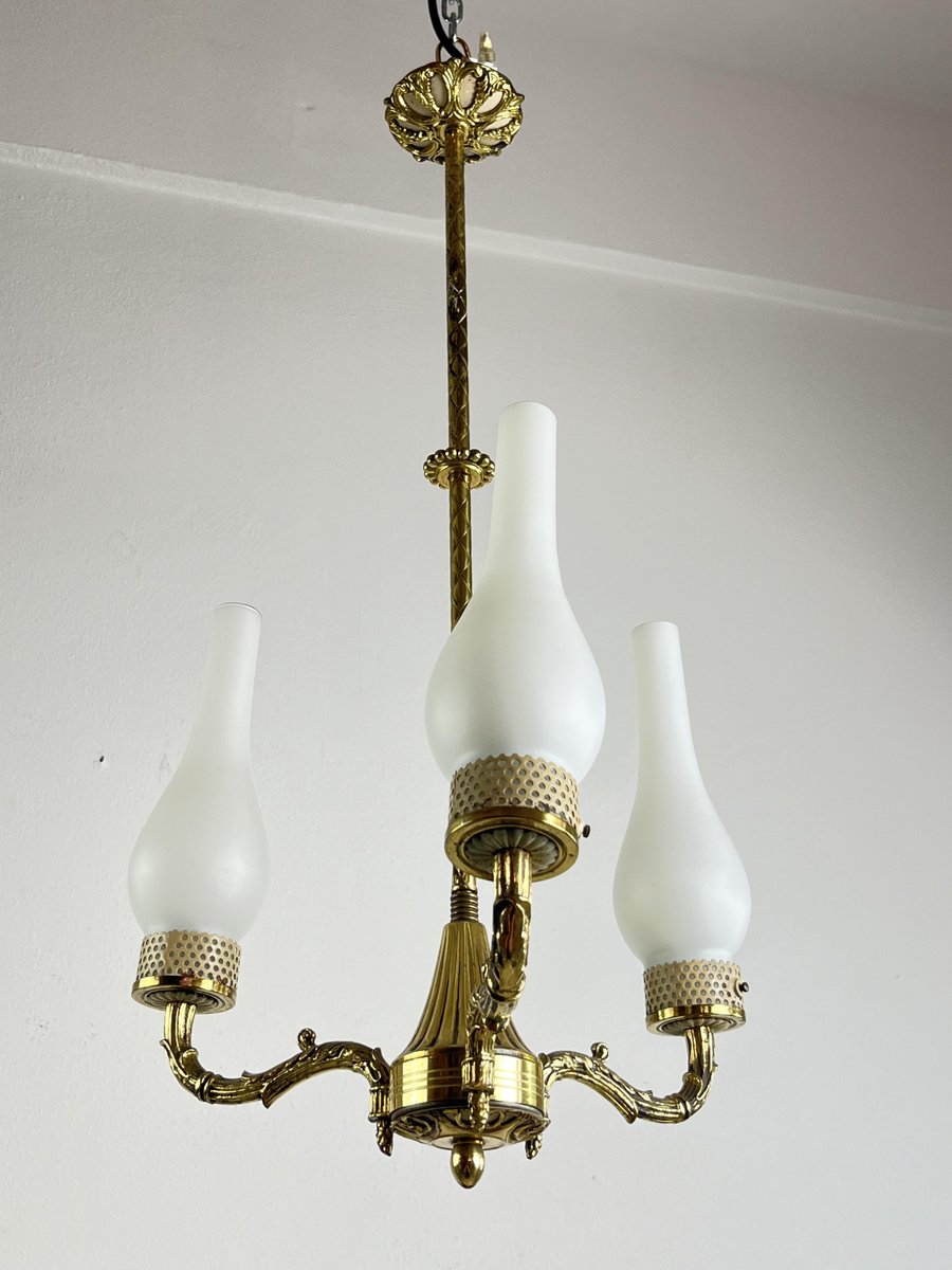 Mid-Century 3-Light Chandelier in Brass and Opaline Glass in the style of Stilnovo, 1950s