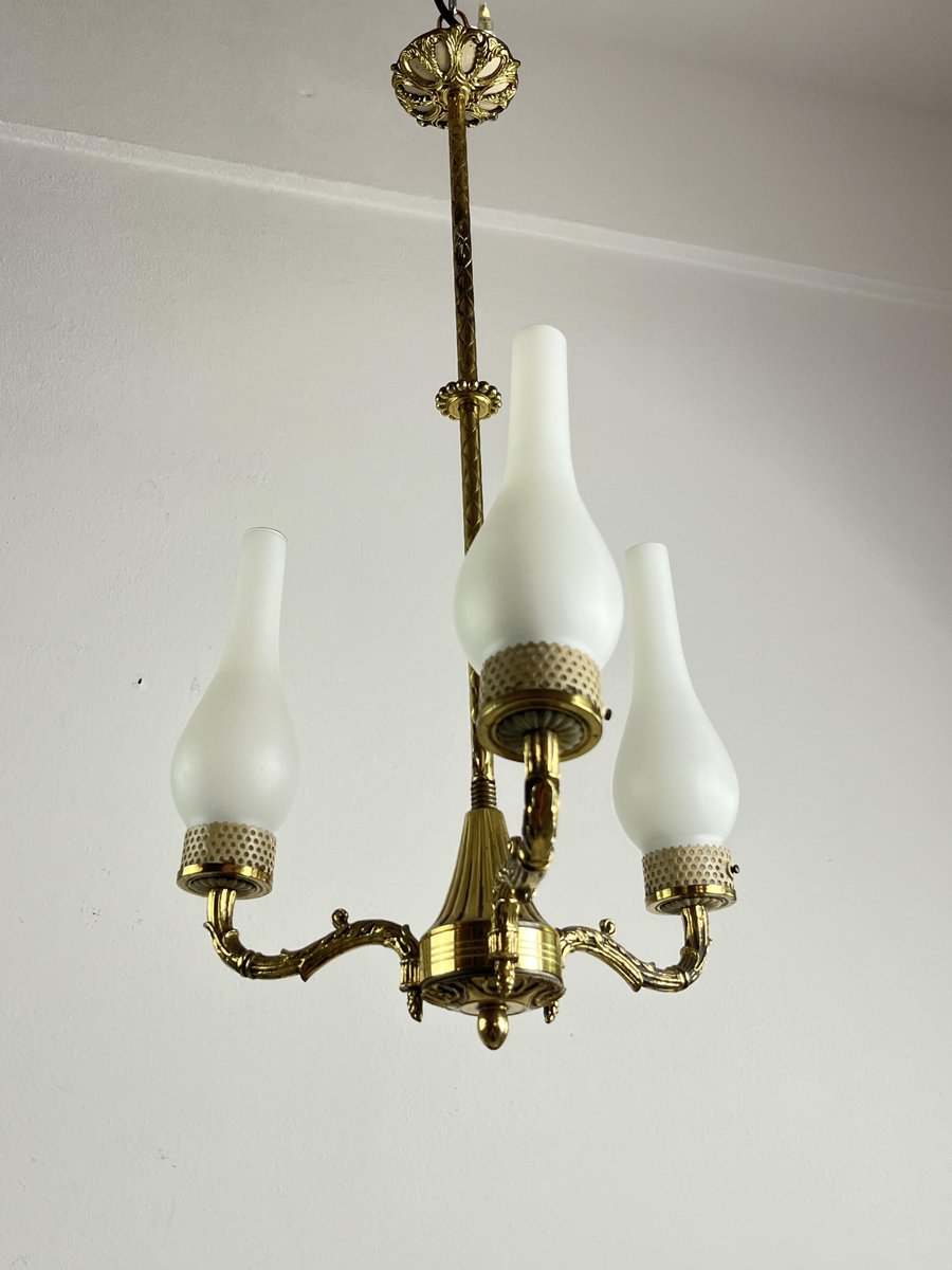 Mid-Century 3-Light Chandelier in Brass and Opaline Glass in the style of Stilnovo, 1950s