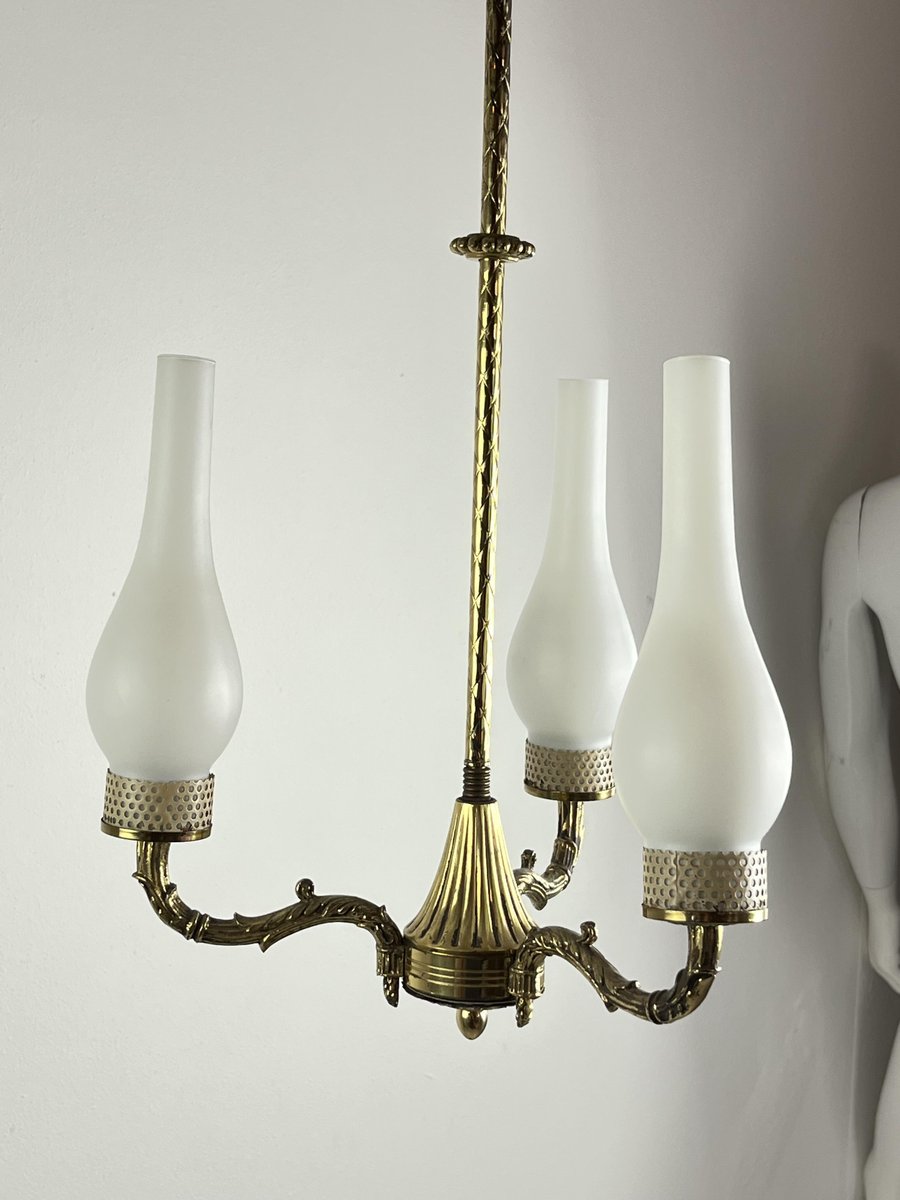 Mid-Century 3-Light Chandelier in Brass and Opaline Glass in the style of Stilnovo, 1950s