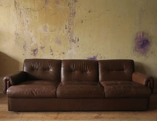 Mid-Century 3-Seater Sofa in Stitched Brown Leather, 1970s-ED-1749668