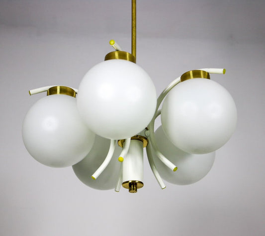 Mid-Century 5 Arms Brass Chandelier by Emi