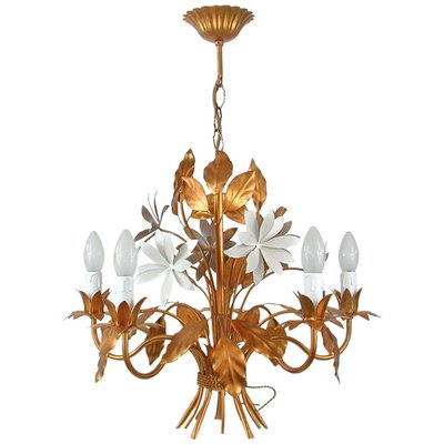 Mid-Century 5-Light Gilt Leaf & White Blossom Chandelier by Hans Kögl, 1970s-OE-897809