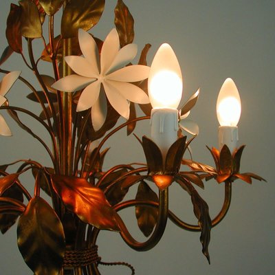 Mid-Century 5-Light Gilt Leaf & White Blossom Chandelier by Hans Kögl, 1970s-OE-897809