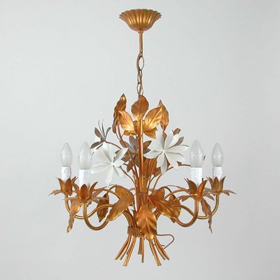 Mid-Century 5-Light Gilt Leaf & White Blossom Chandelier by Hans Kögl, 1970s-OE-897809