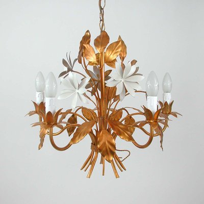 Mid-Century 5-Light Gilt Leaf & White Blossom Chandelier by Hans Kögl, 1970s-OE-897809