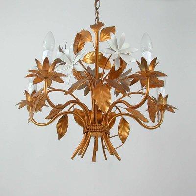 Mid-Century 5-Light Gilt Leaf & White Blossom Chandelier by Hans Kögl, 1970s-OE-897809