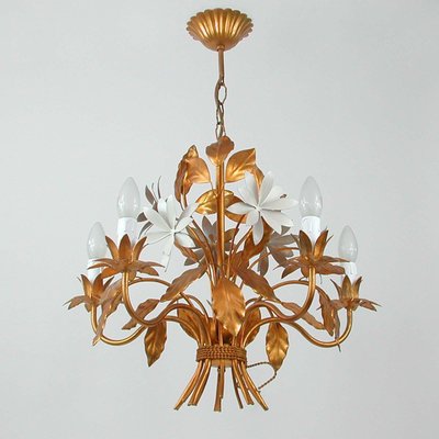 Mid-Century 5-Light Gilt Leaf & White Blossom Chandelier by Hans Kögl, 1970s-OE-897809