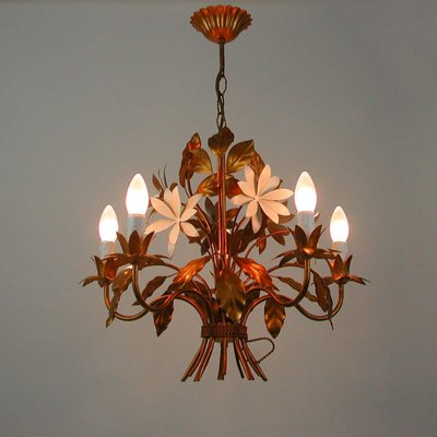 Mid-Century 5-Light Gilt Leaf & White Blossom Chandelier by Hans Kögl, 1970s-OE-897809