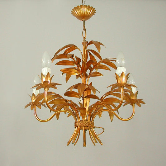 Mid-Century 5-Light Gilt Palm Leaf Chandelier by Hans Kögl, 1970s