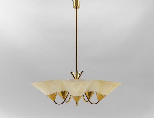 Mid-Century 5-Light Glass & Brass Ceiling Lamp, 1950s