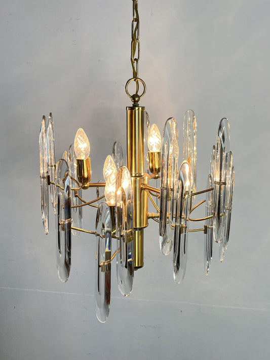 Mid-Century 6-Light Brass and Crystal Chandelier attributed to Sciolari, 1960s