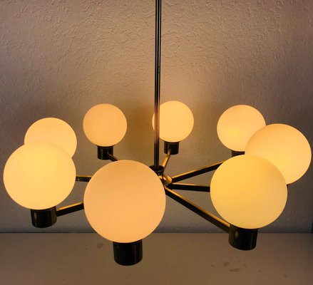 Mid-Century 8-Arm Brass and Opaline Glass Chandelier, 1960s-PUK-1092450