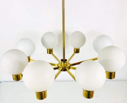 Mid-Century 8-Arm Brass and Opaline Glass Chandelier, 1960s-PUK-1092450