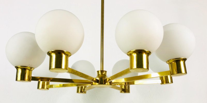 Mid-Century 8-Arm Brass and Opaline Glass Chandelier, 1960s-PUK-1092450