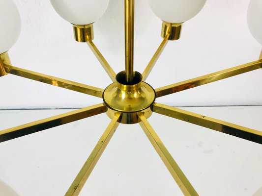 Mid-Century 8-Arm Brass and Opaline Glass Chandelier, 1960s-PUK-1092450