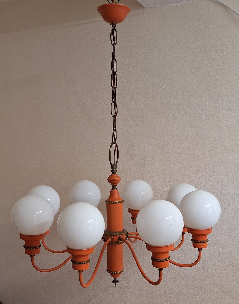 Mid-Century 8-Flame Chandelier with White Spherical Glass Shades on an Orange Frame, Set Off with Brass, 1960s