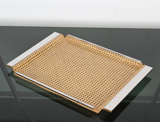 Mid-Century Acrylic Chrome and Vienna Straw Serving Tray from Christian Dior, 1970s-JDR-1779819