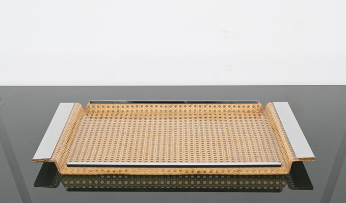 Mid-Century Acrylic Chrome and Vienna Straw Serving Tray from Christian Dior, 1970s-JDR-1779819