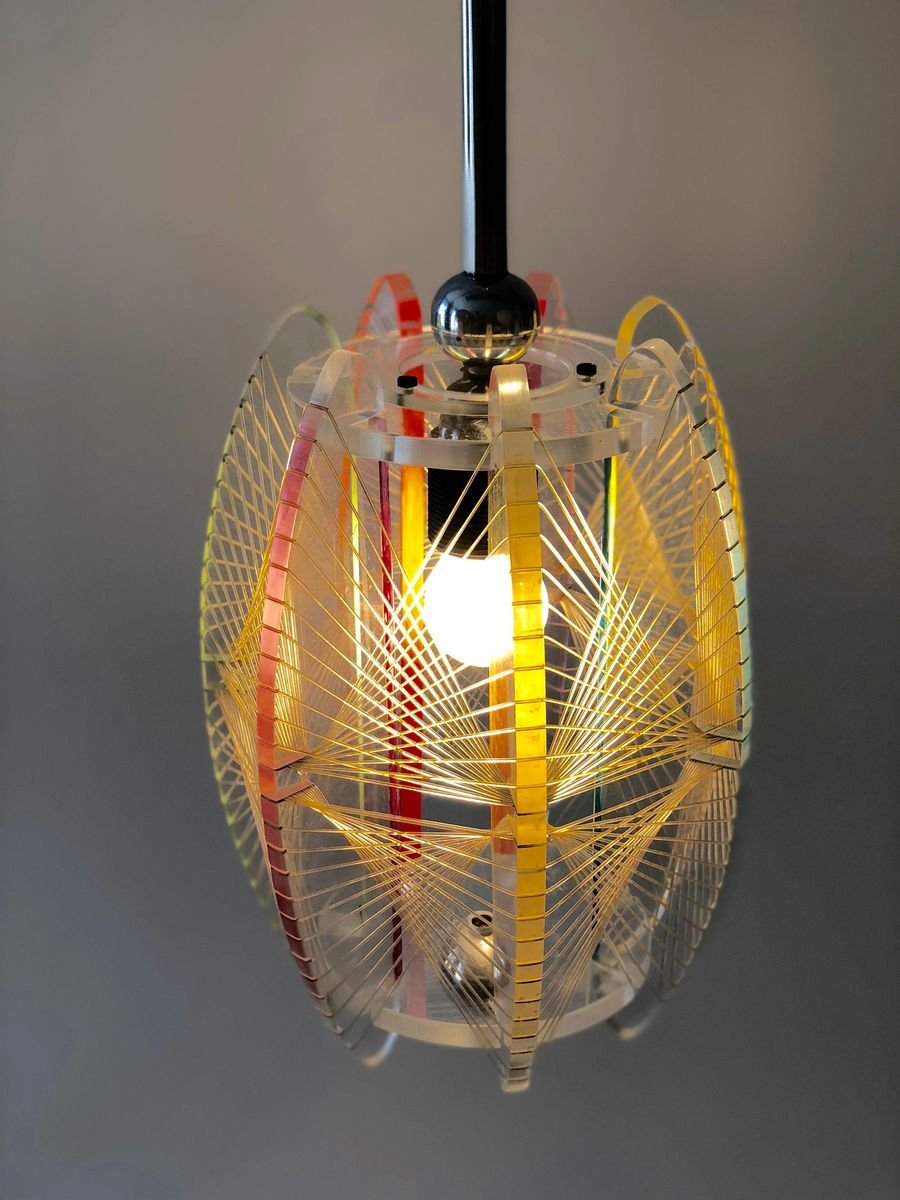 Mid-Century Acrylic & Mono Filament Pendant Lamp with Color Accents, Czech Republic, 1950s