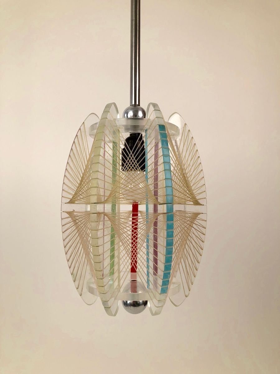 Mid-Century Acrylic & Mono Filament Pendant Lamp with Color Accents, Czech Republic, 1950s