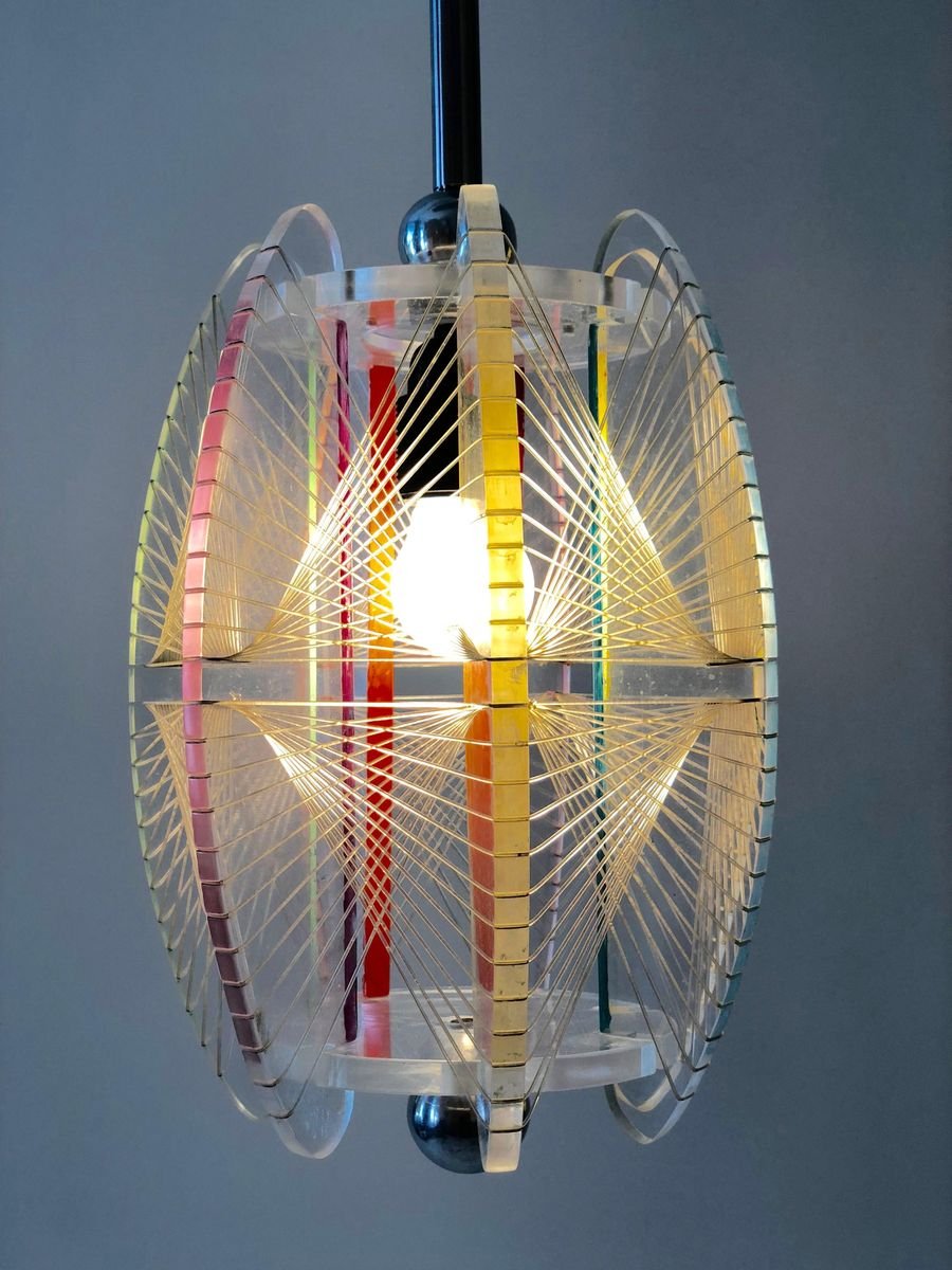 Mid-Century Acrylic & Mono Filament Pendant Lamp with Color Accents, Czech Republic, 1950s