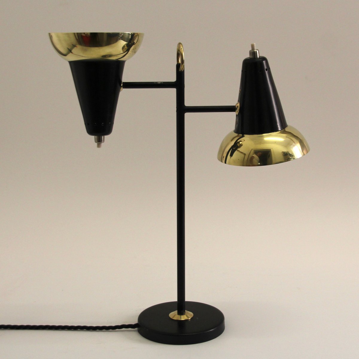 Mid-Century Adjustable Brass Double Shade Lamp attributed to Jacques Biny for Luminalité, 1950s