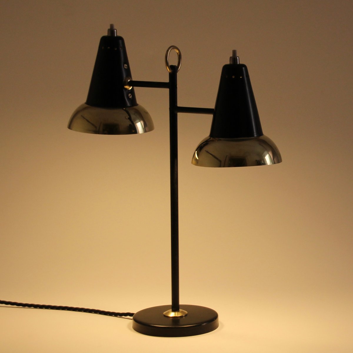 Mid-Century Adjustable Brass Double Shade Lamp attributed to Jacques Biny for Luminalité, 1950s