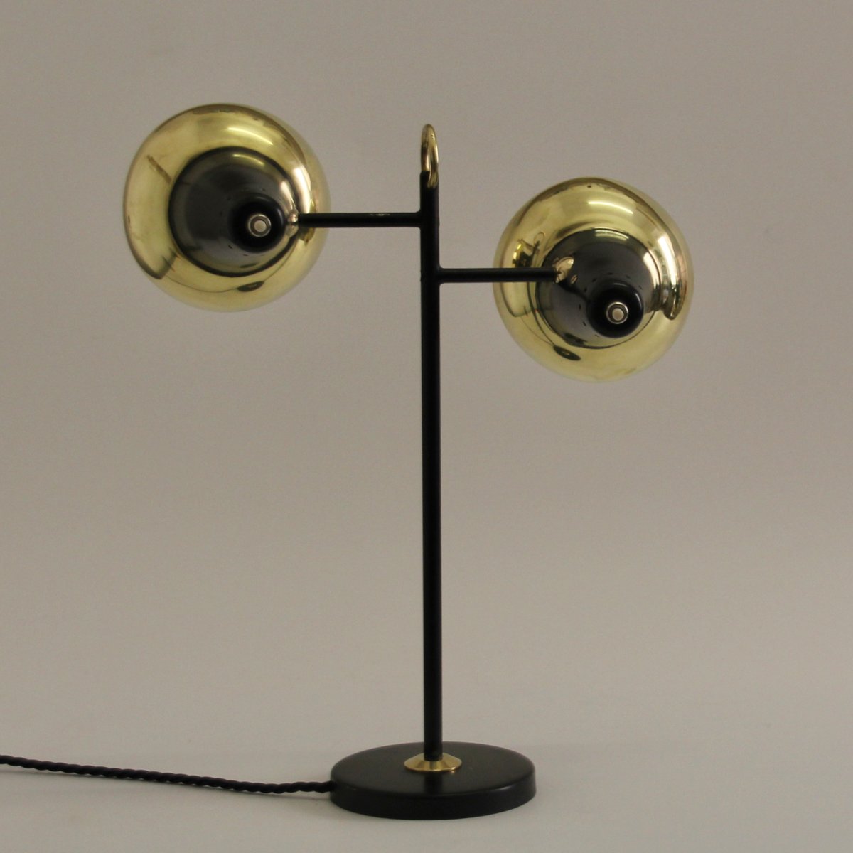 Mid-Century Adjustable Brass Double Shade Lamp attributed to Jacques Biny for Luminalité, 1950s