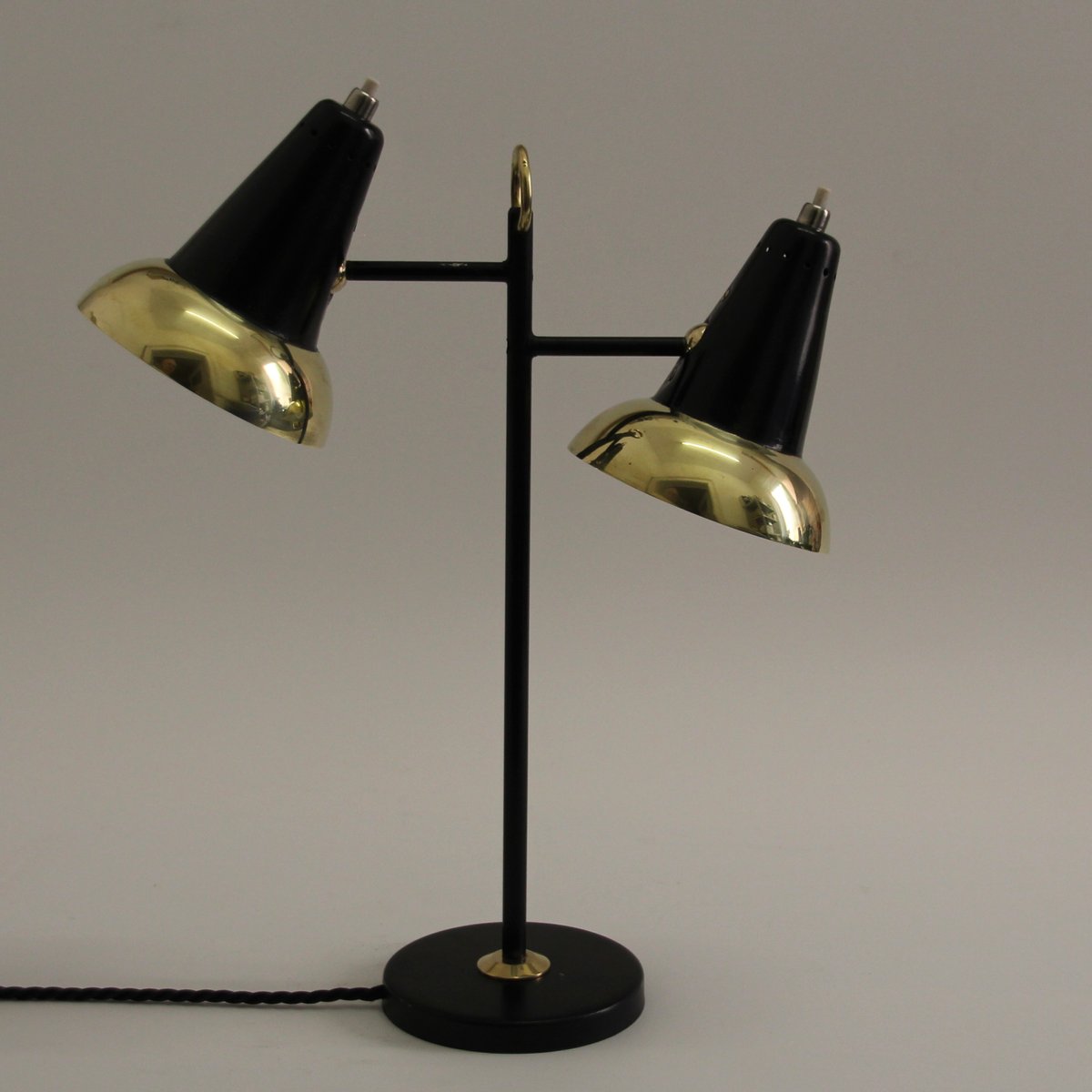 Mid-Century Adjustable Brass Double Shade Lamp attributed to Jacques Biny for Luminalité, 1950s