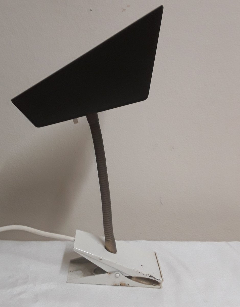 Mid-Century Adjustable Table Lamp with White Variable Clamp Base, Adjustable Spiral Arm and Gray Reflector Shade, 1960s