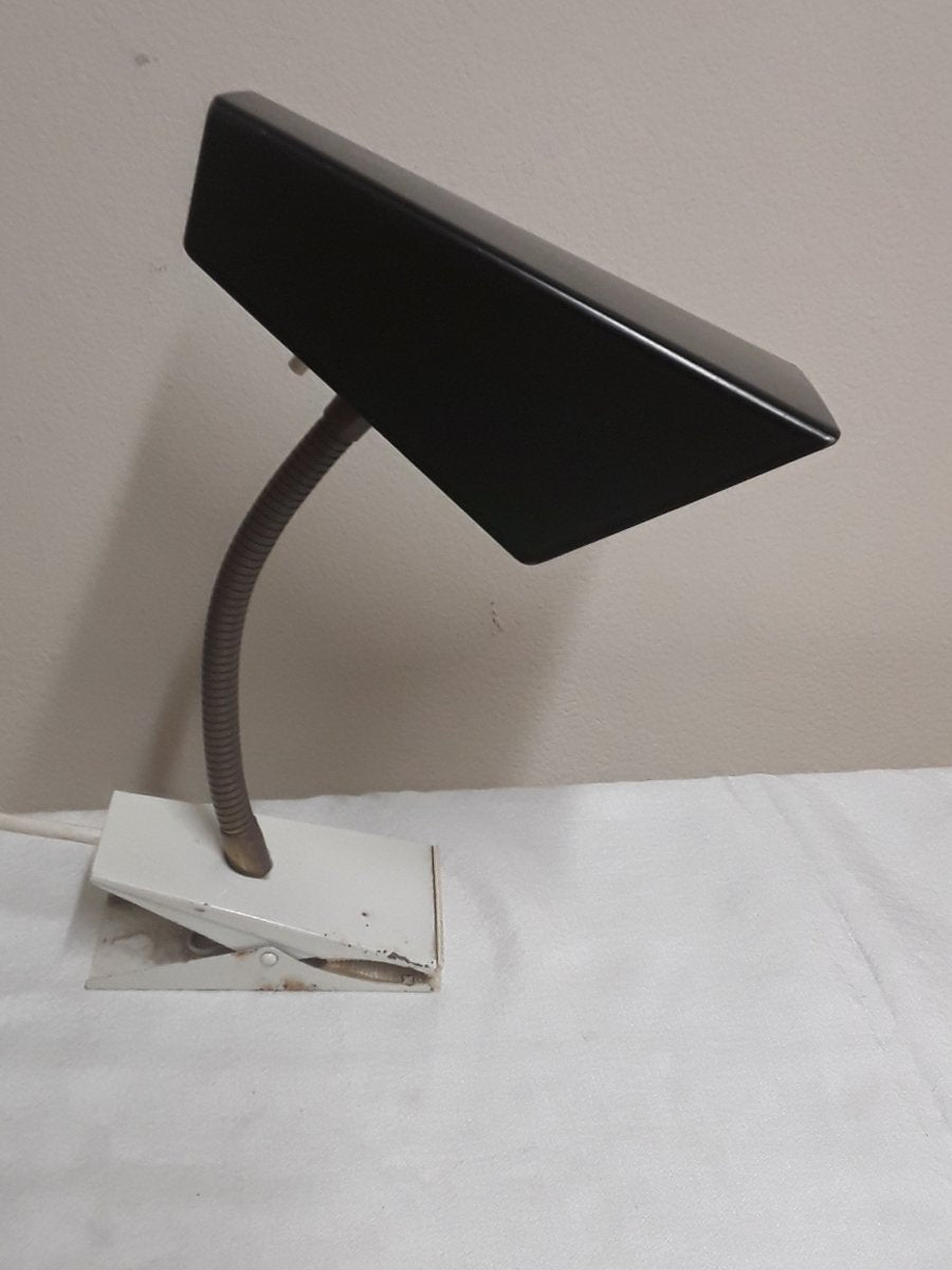 Mid-Century Adjustable Table Lamp with White Variable Clamp Base, Adjustable Spiral Arm and Gray Reflector Shade, 1960s