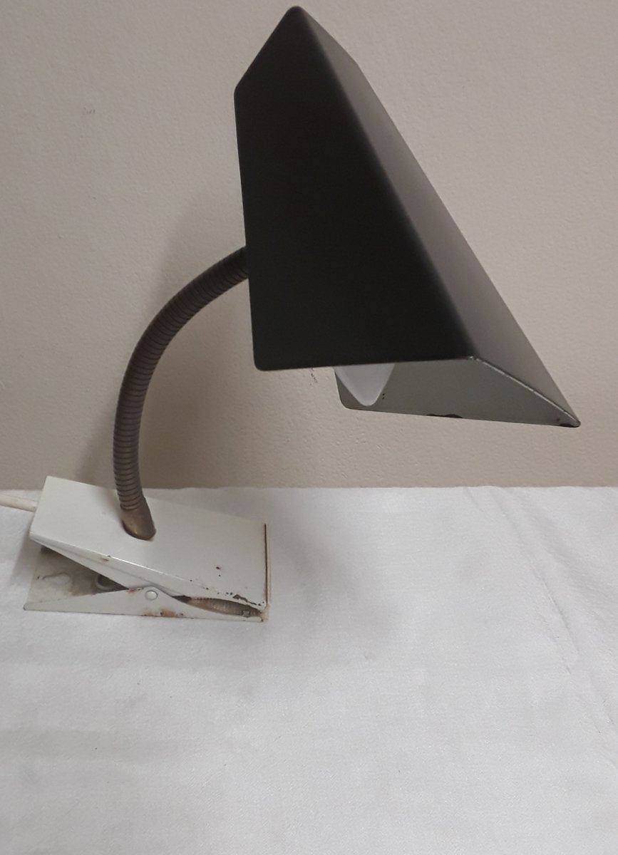 Mid-Century Adjustable Table Lamp with White Variable Clamp Base, Adjustable Spiral Arm and Gray Reflector Shade, 1960s