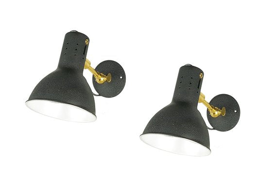 Mid-Century Adjustable Wall Lamps in Black Painted Aluminum and Brass, 1950s, Set of 2-RD-1705161