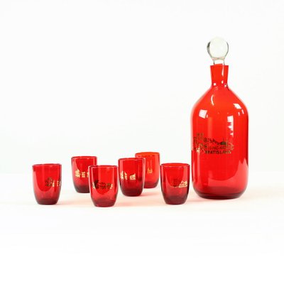 Mid-Century Alcohol Bottle & Shot Set in Red Glass, Czechoslovakia, 1960s, Set of 7-UL-750727