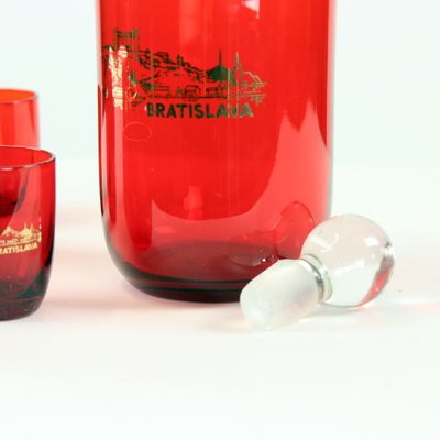 Mid-Century Alcohol Bottle & Shot Set in Red Glass, Czechoslovakia, 1960s, Set of 7-UL-750727