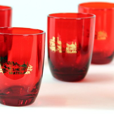 Mid-Century Alcohol Bottle & Shot Set in Red Glass, Czechoslovakia, 1960s, Set of 7-UL-750727