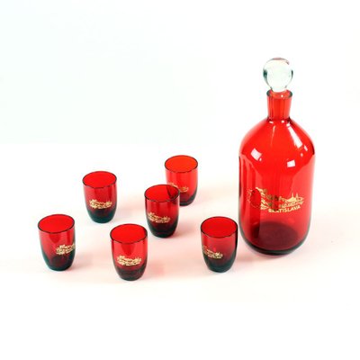 Mid-Century Alcohol Bottle & Shot Set in Red Glass, Czechoslovakia, 1960s, Set of 7-UL-750727