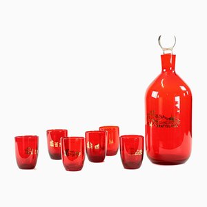 Mid-Century Alcohol Bottle & Shot Set in Red Glass, Czechoslovakia, 1960s, Set of 7-UL-750727